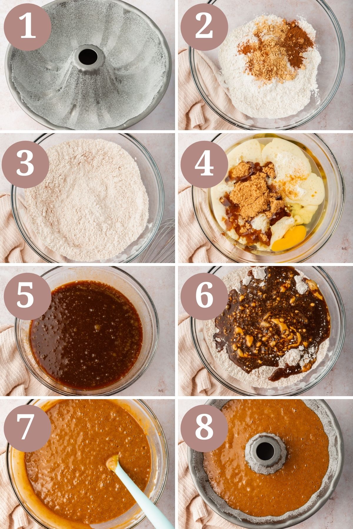 Steps 1-8 for making gluten-free gingerbread bundt cake.