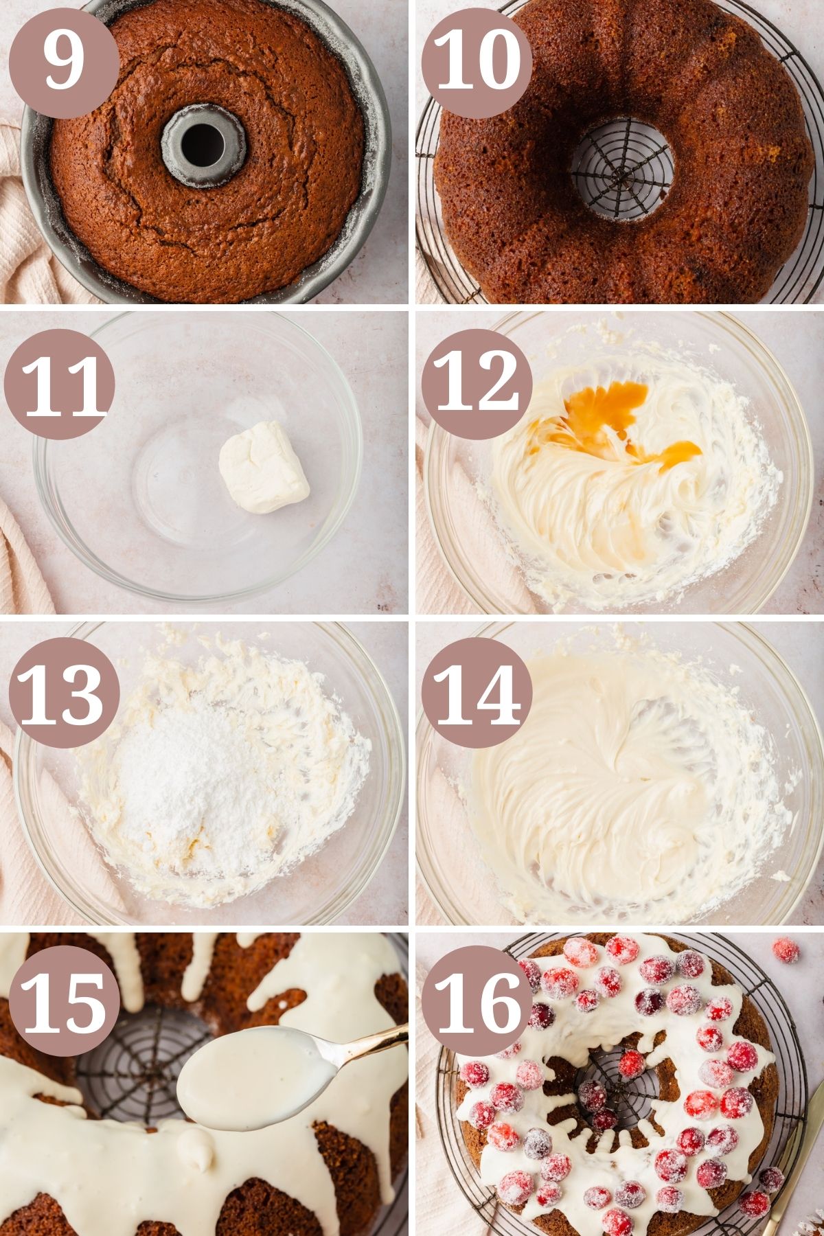 Steps 9-16 for making gluten-free gingerbread bundt cake.