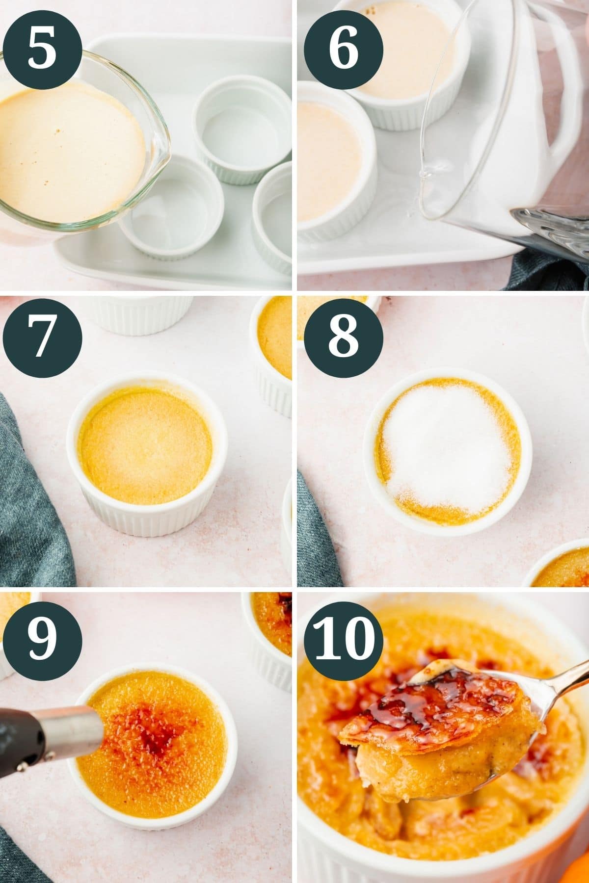 Steps 5-10 for making pumpkin creme brulee.