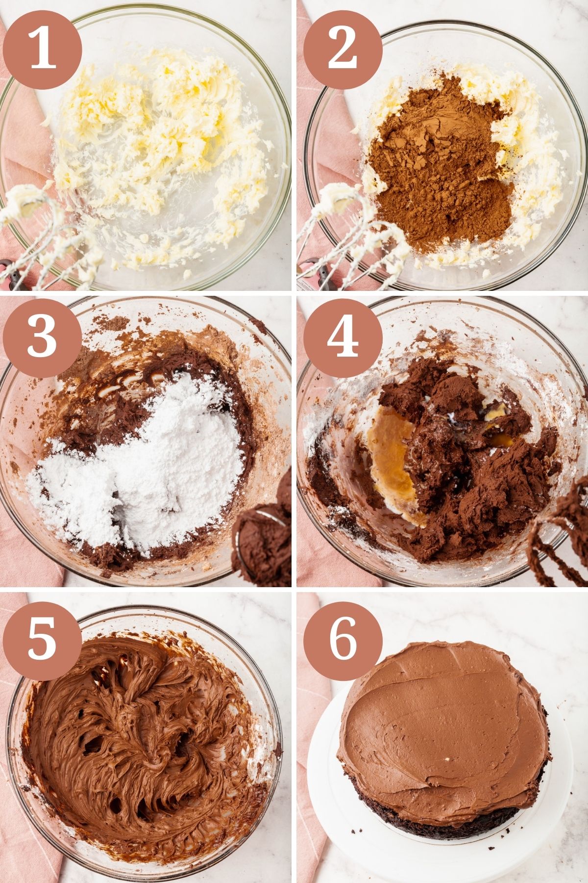 Steps for making gluten-free chocolate cake chocolate frosting.
