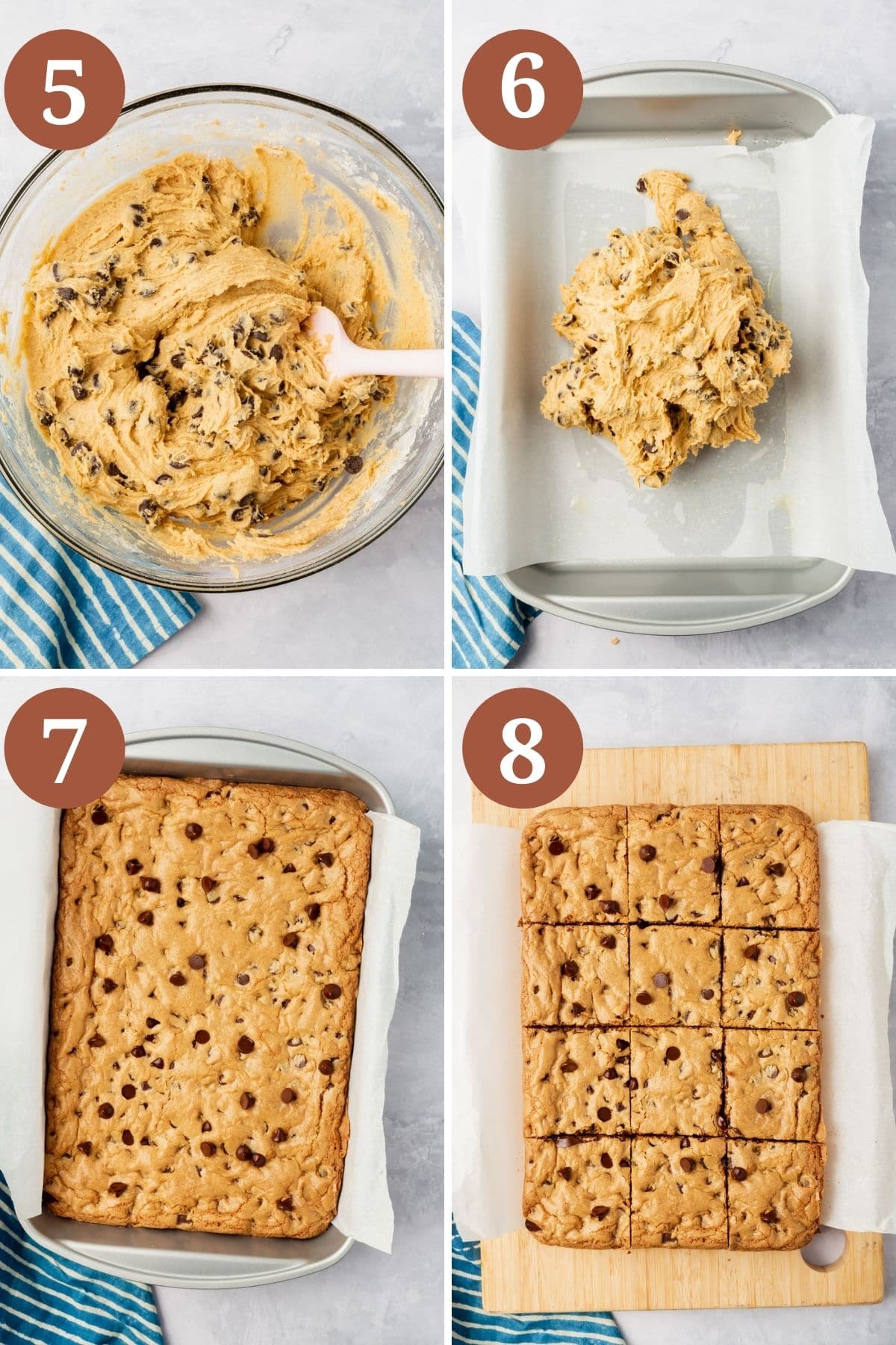 Steps 5-8 for making gluten-free chocolate chip cookie bars.