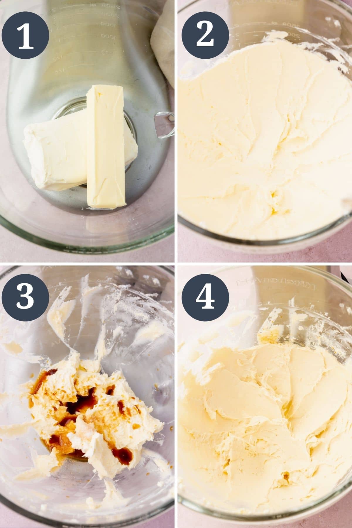 Steps 1-4 for making chocolate cream cheese frosting.