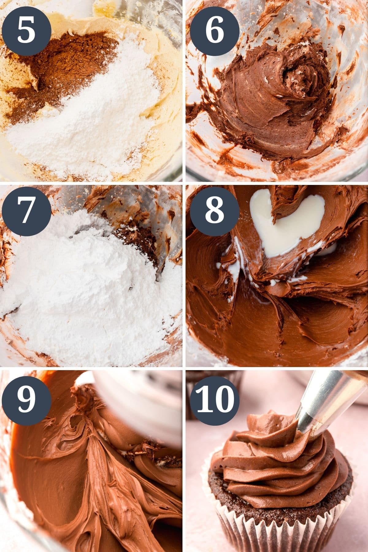 Steps 5-10 for making chocolate cream cheese frosting.