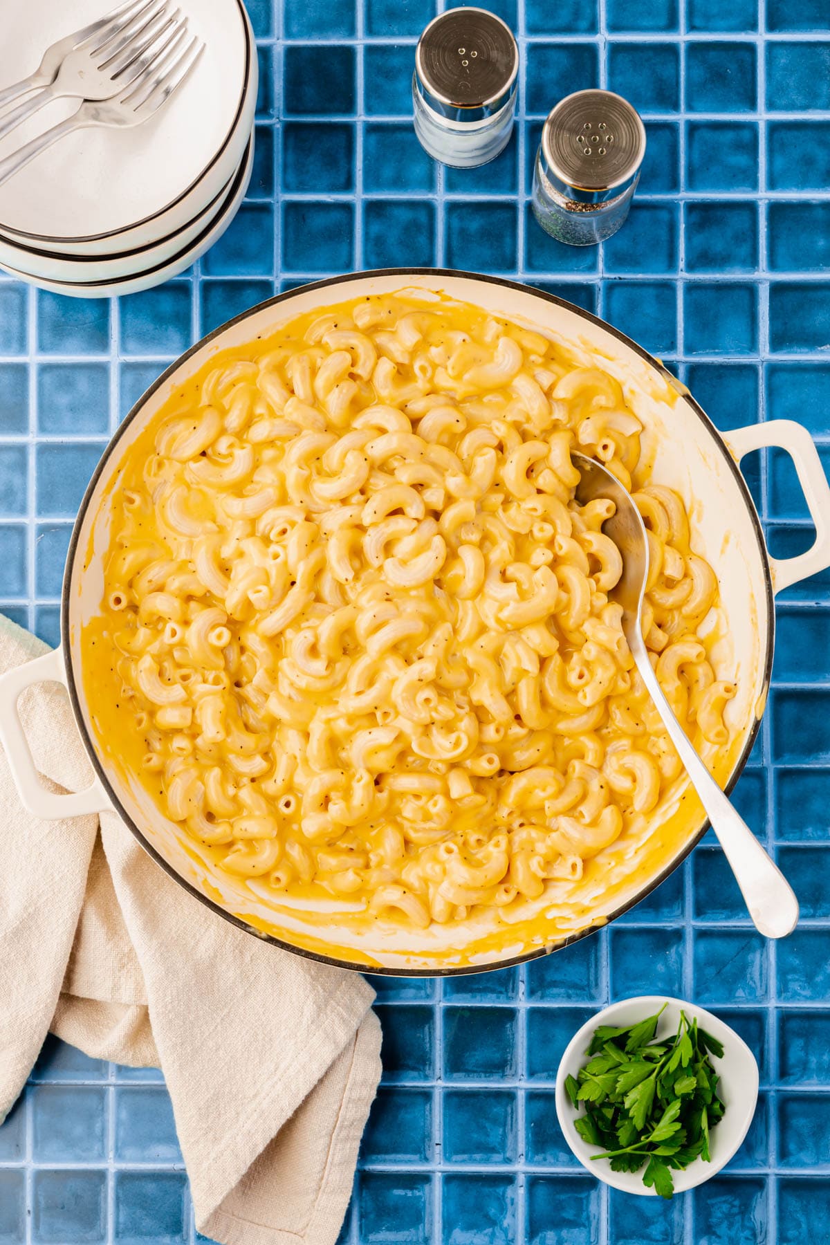 A table set with a large pot of gluten-free mac and cheese, salt and pepper, and fresh parsley.