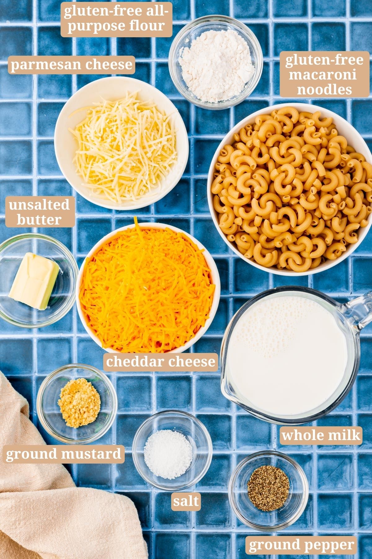 The ingredients for making gluten-free mac and cheese.