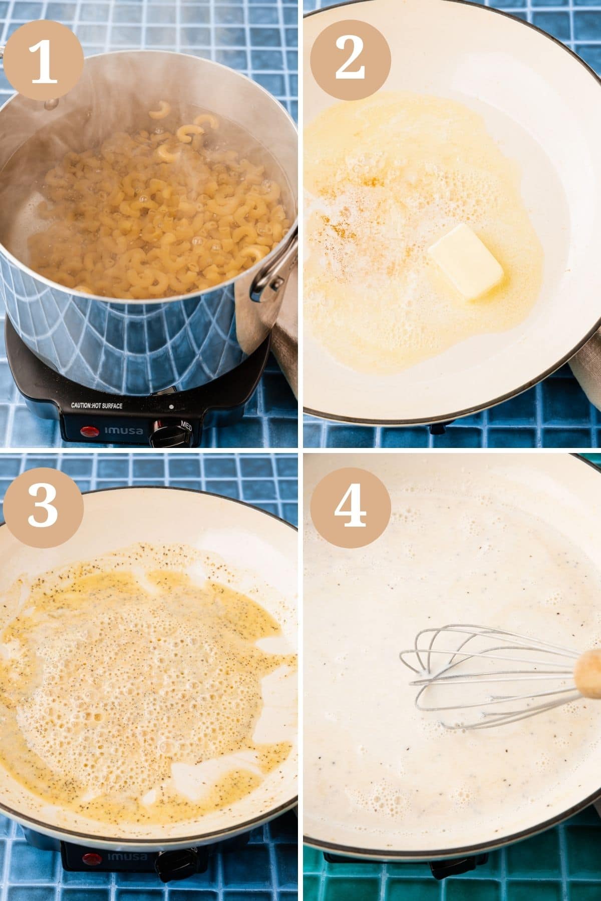 Steps 1-4 for making gluten-free mac and cheese.