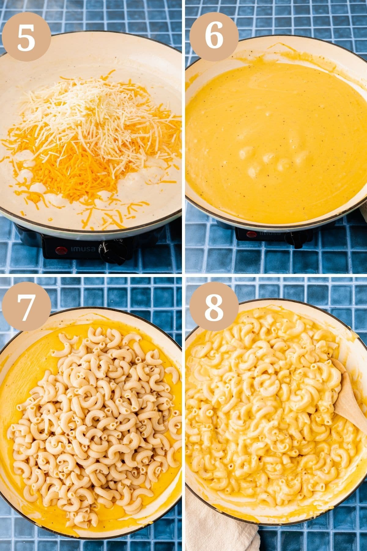 Steps 5-8 for making gluten-free mac and cheese.