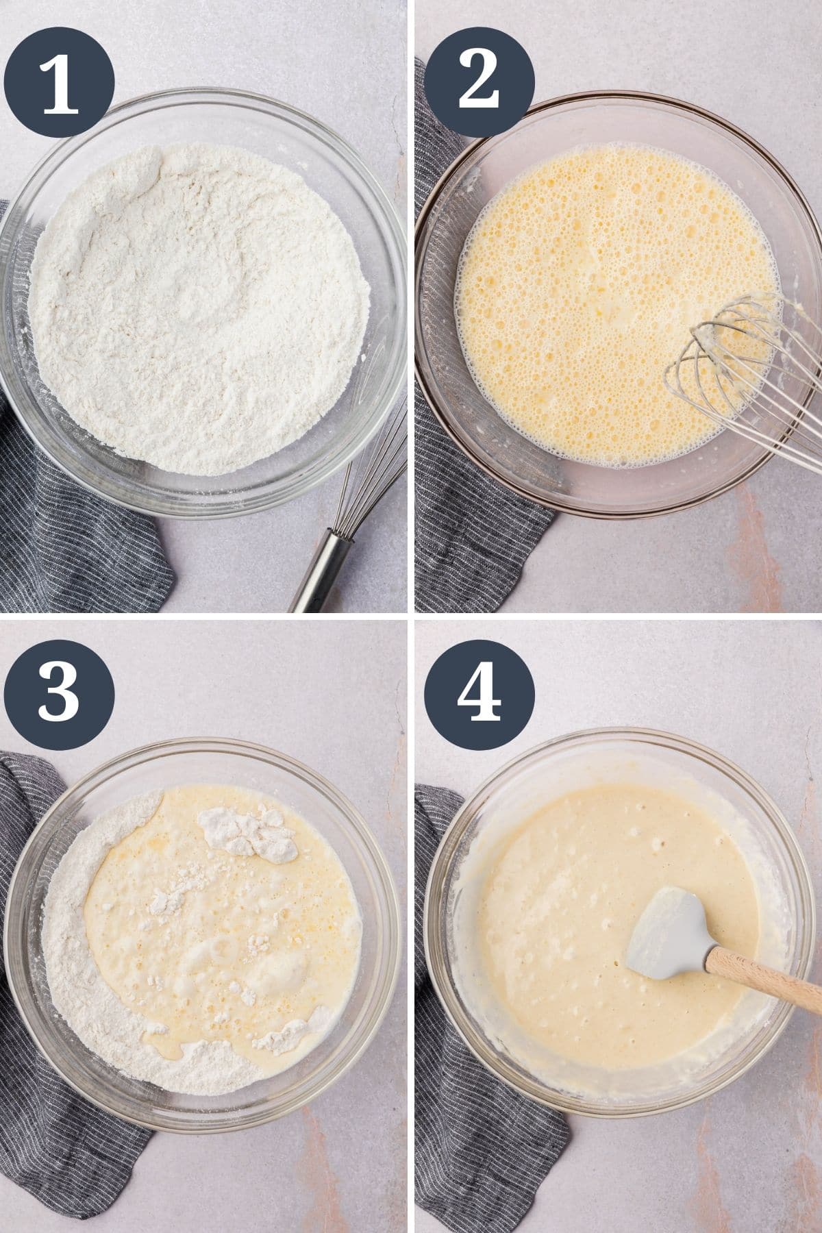 Steps 1-4 for making gluten-free pancakes.