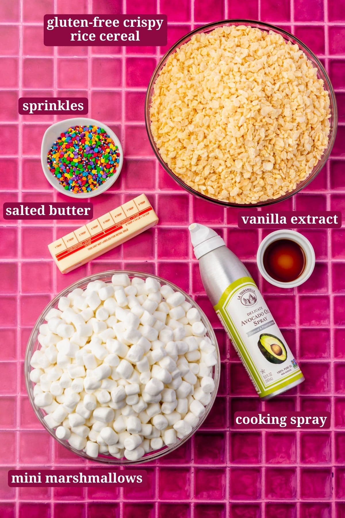 Ingredients for making gluten-free rice krispies treats.