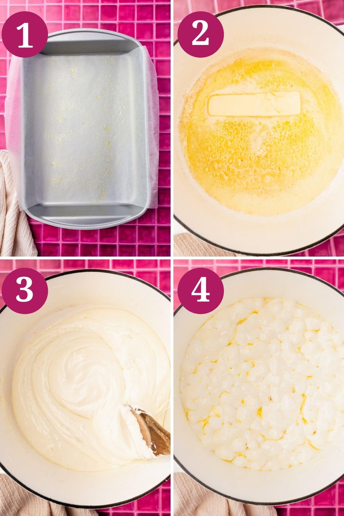 Steps 1-4 for making gluten-free rice krispies treats.