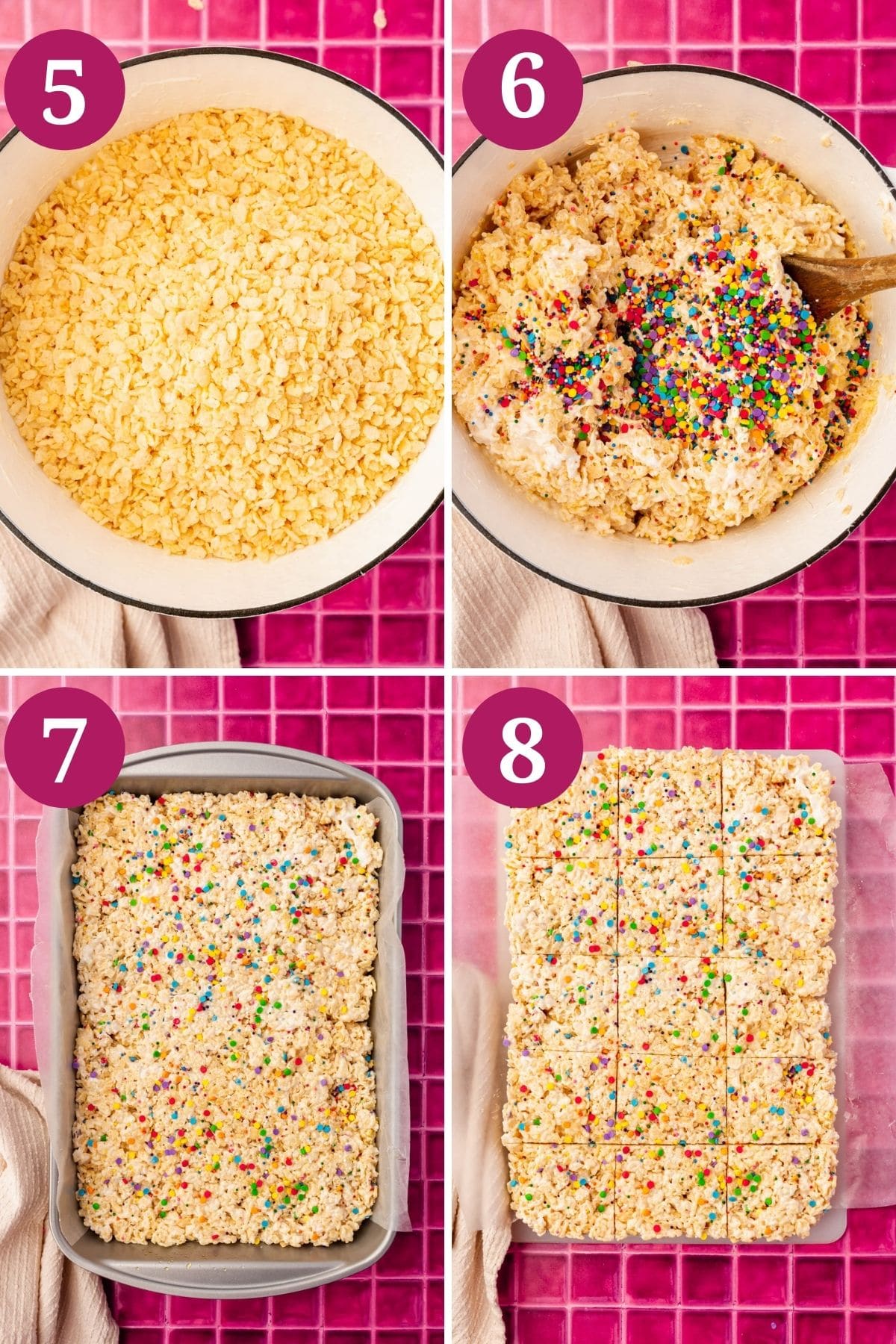 Steps 5-8 for making gluten-free rice krispies treats.
