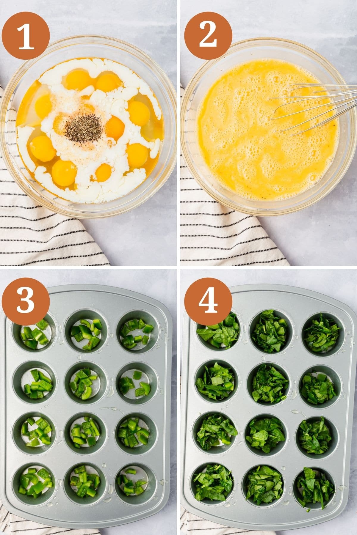 Steps 1-4 for making spinach feta egg muffins.
