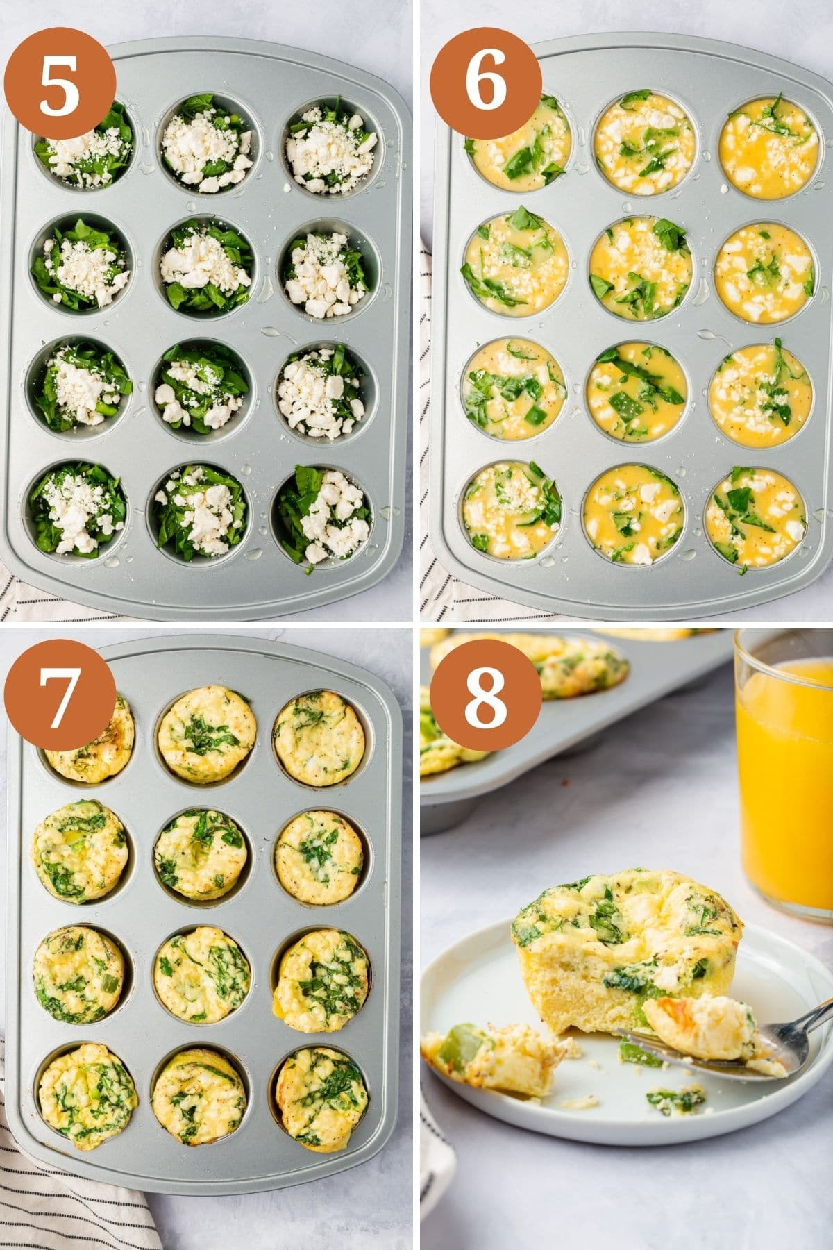 Steps 5-8 for making spinach feta egg muffins.