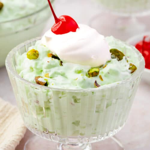 A cup of watergate salad or pistachio fluff pudding.
