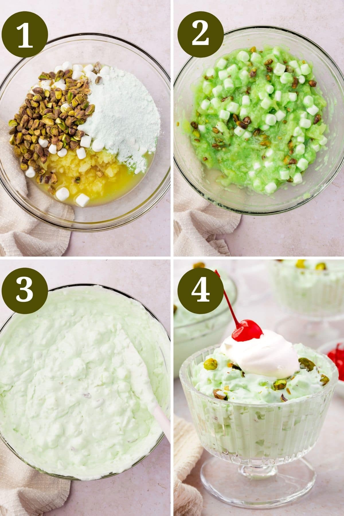 Steps 1-4 for making watergate salad.