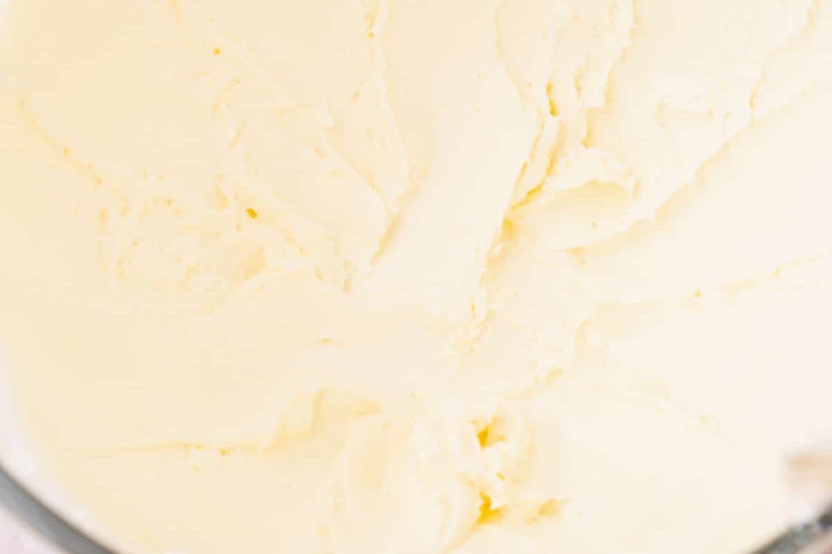 A bowl of creamed butter after beating.