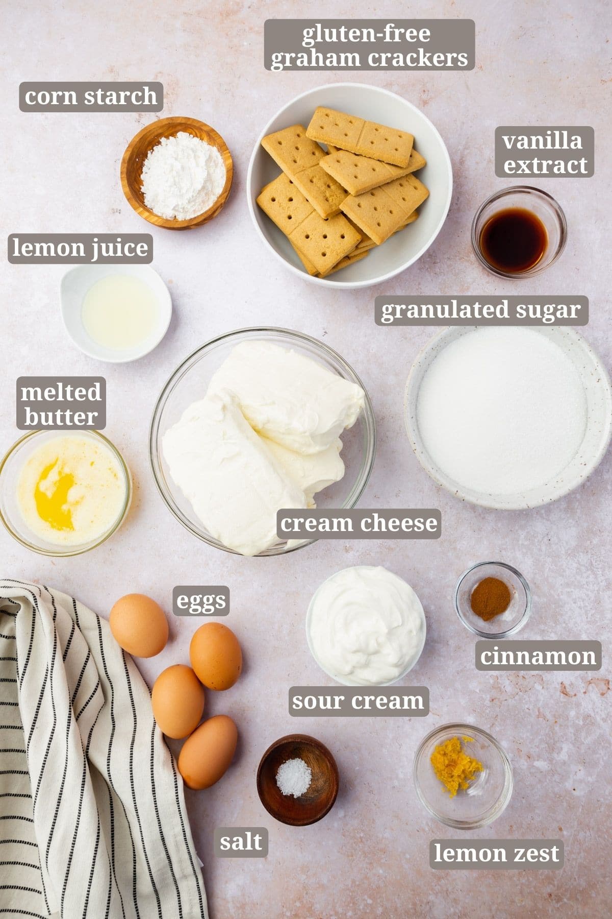 Ingredients for making gluten-free cheesecake.