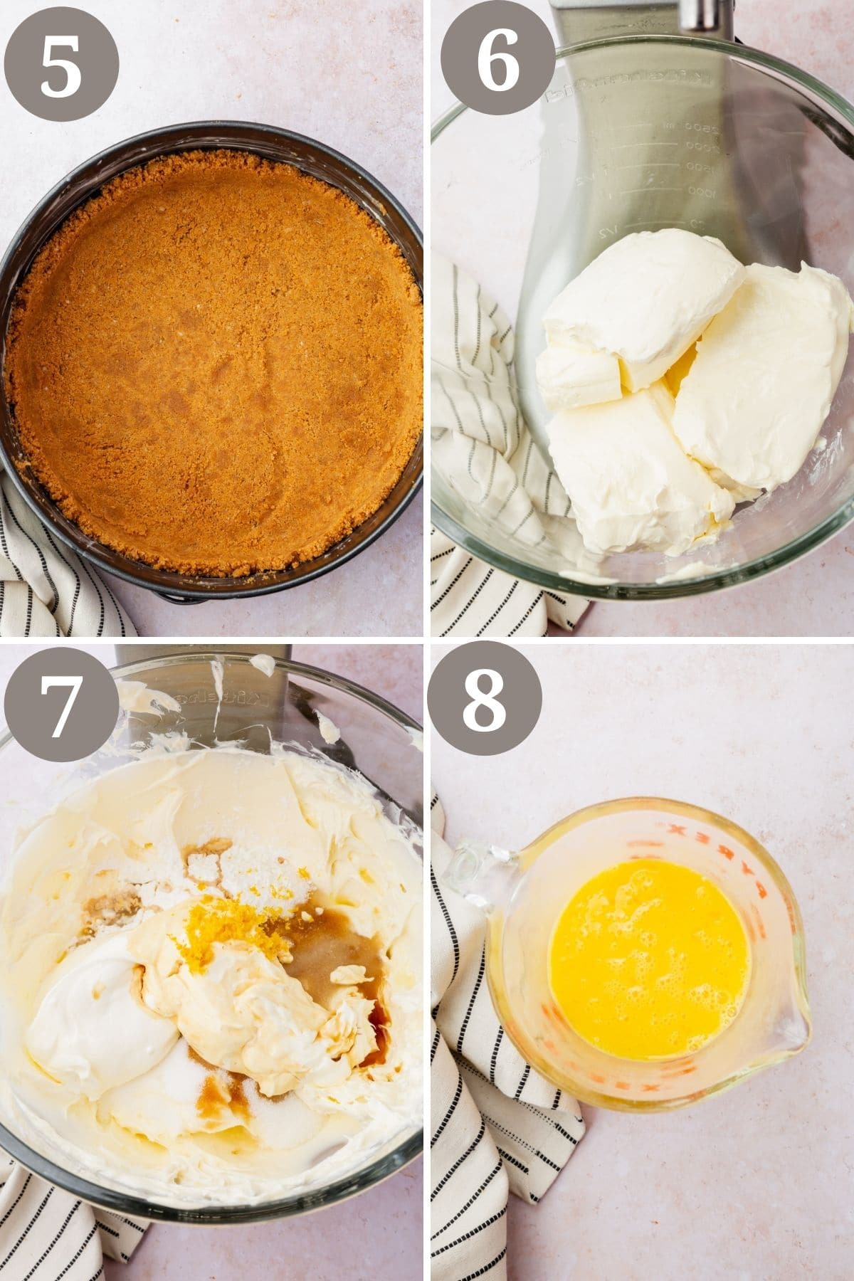 Steps 5-8 for making gluten-free cheesecake.