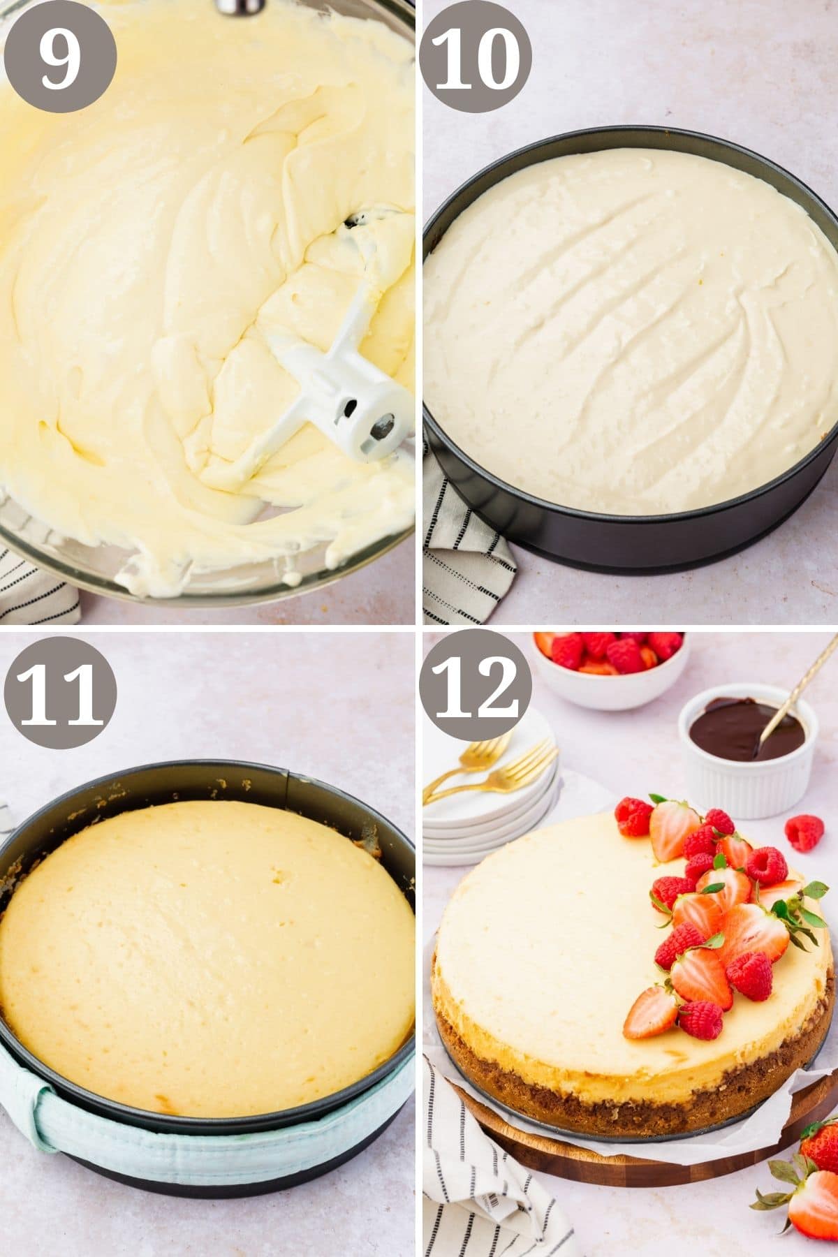 Steps 9-12 for making gluten-free cheesecake.