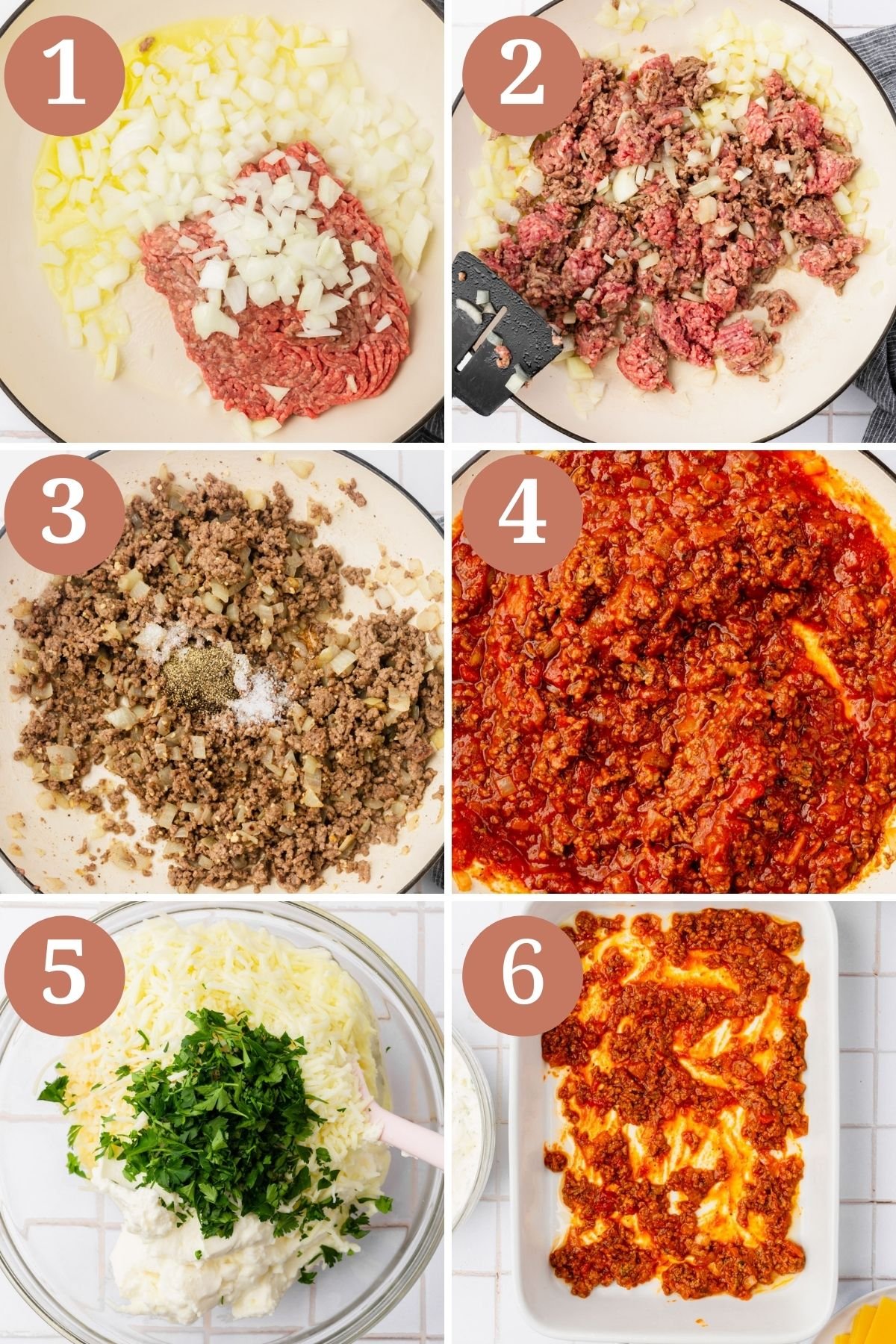 Steps 1-6 for making gluten-free lasagna.