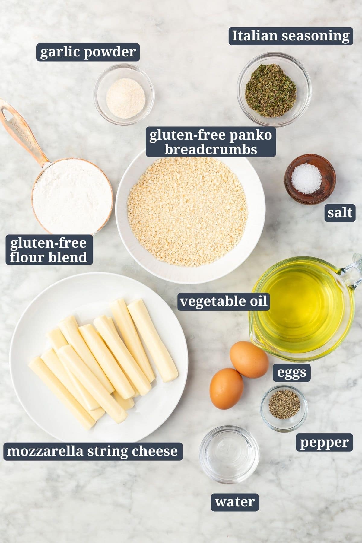 Ingredients for making gluten-free mozzarella sticks.