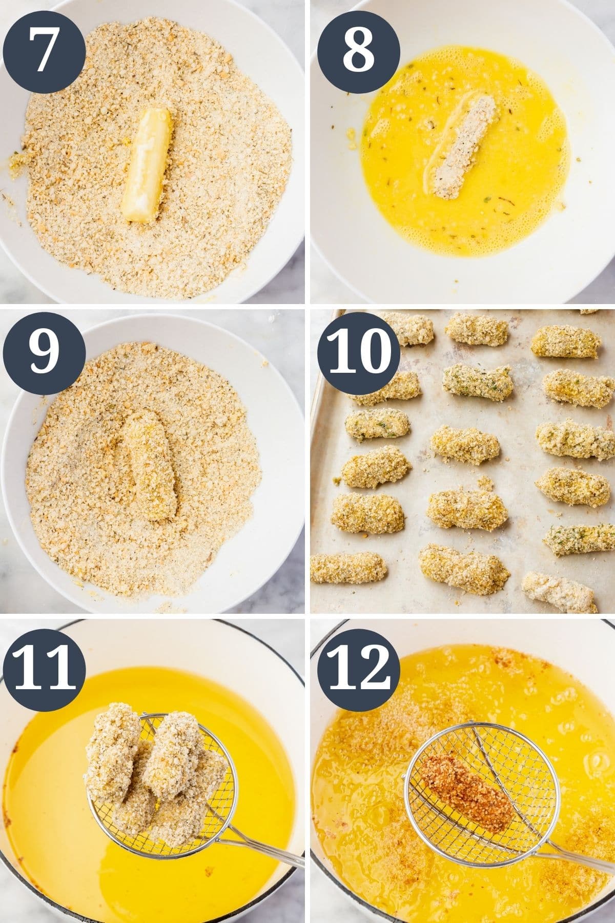 Steps 7-12 for making gluten-free mozzarella sticks.