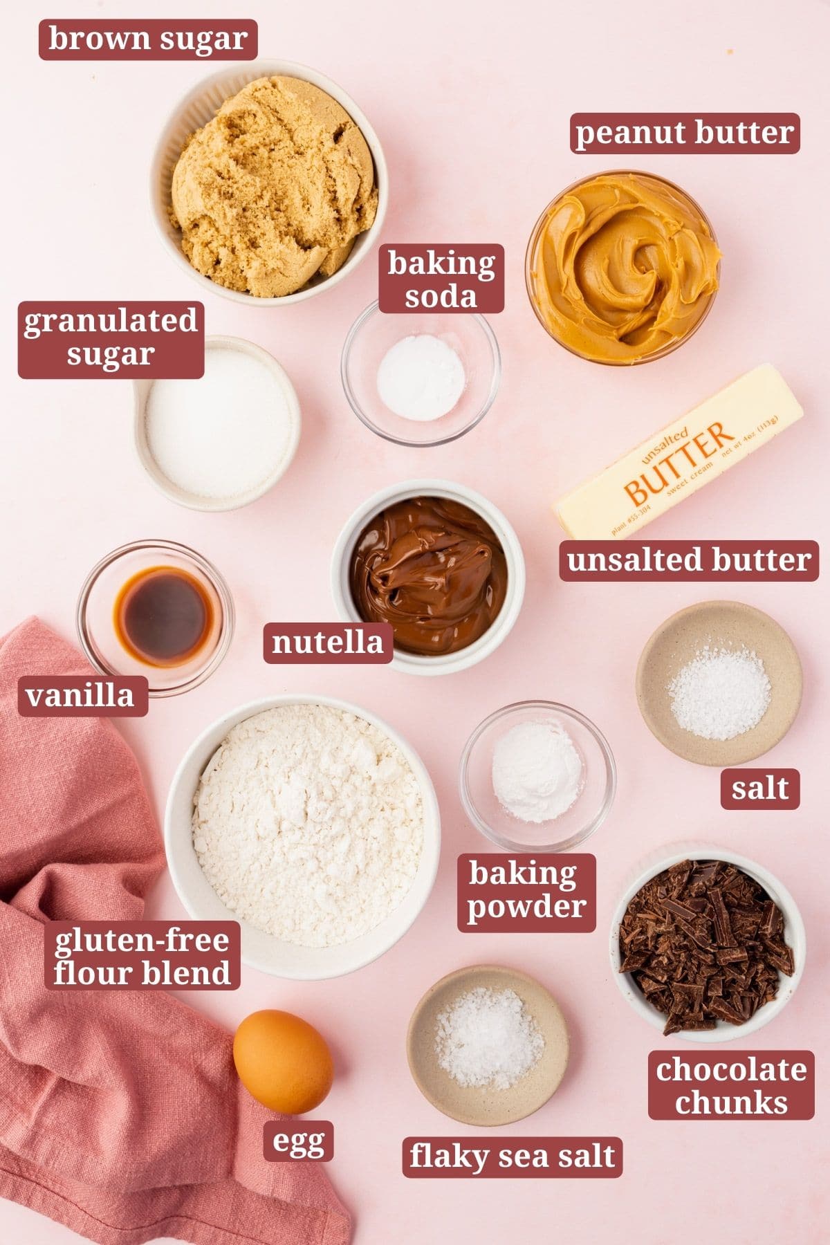 Ingredients for making gluten-free nutella stuffed peanut butter cookies.