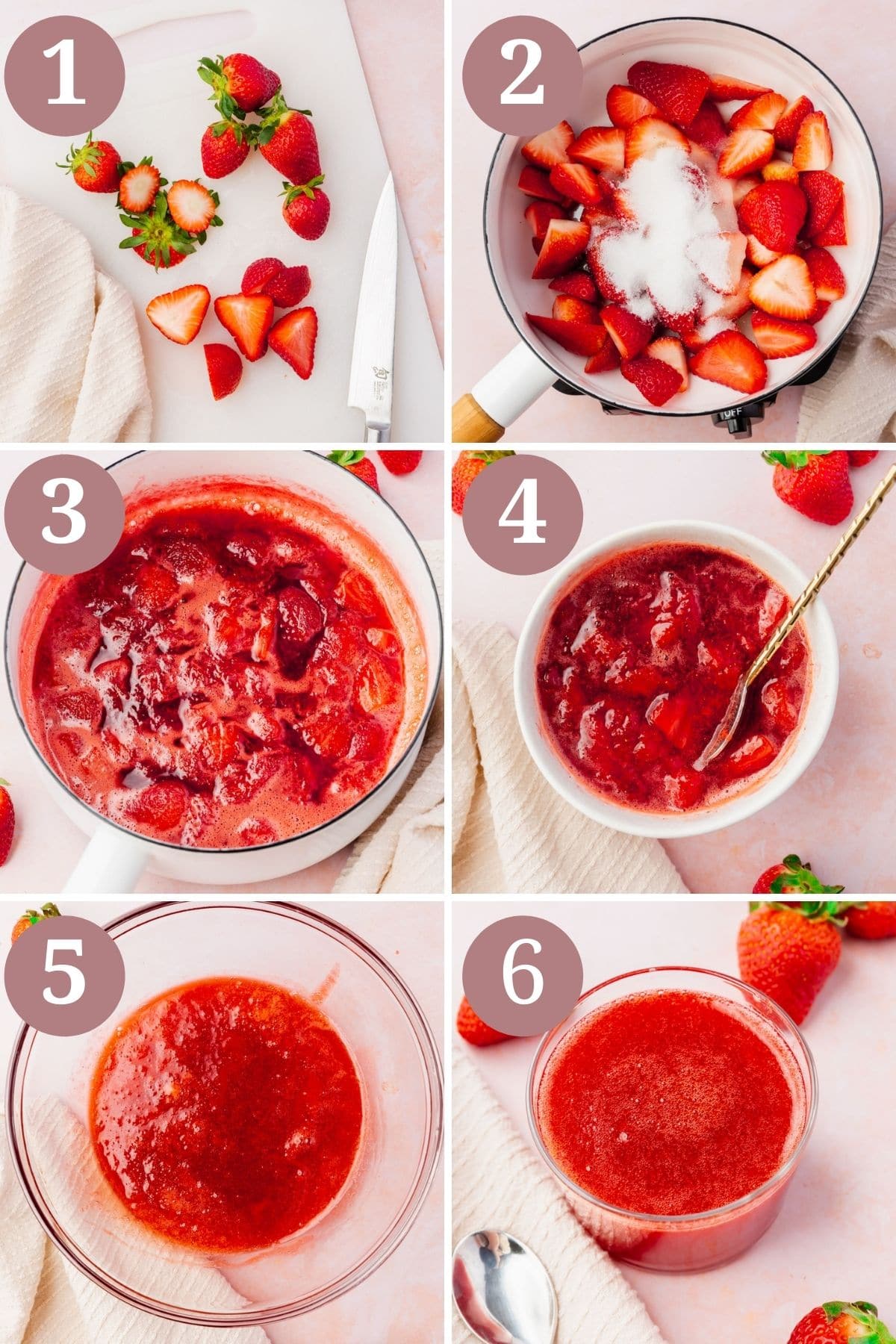Steps 1-6 for making strawberry coulis.