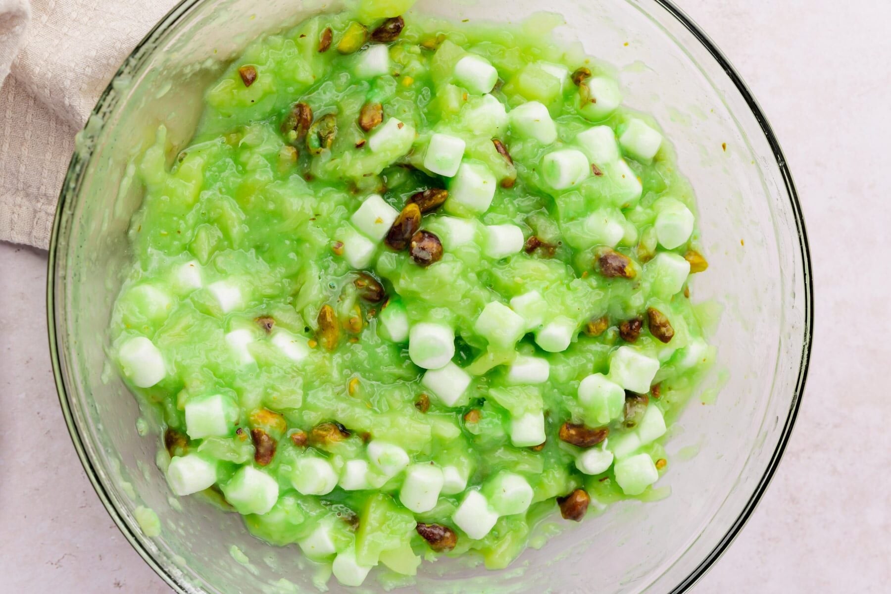 Pistachio pudding mix with marshmallows and pistachio mixed in.