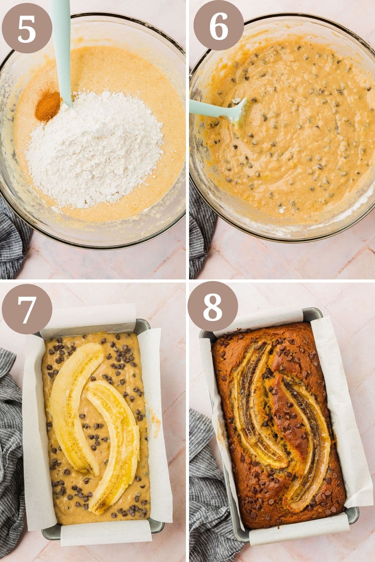Steps 5-8 for making gluten-free banana bread with chocolate chips.