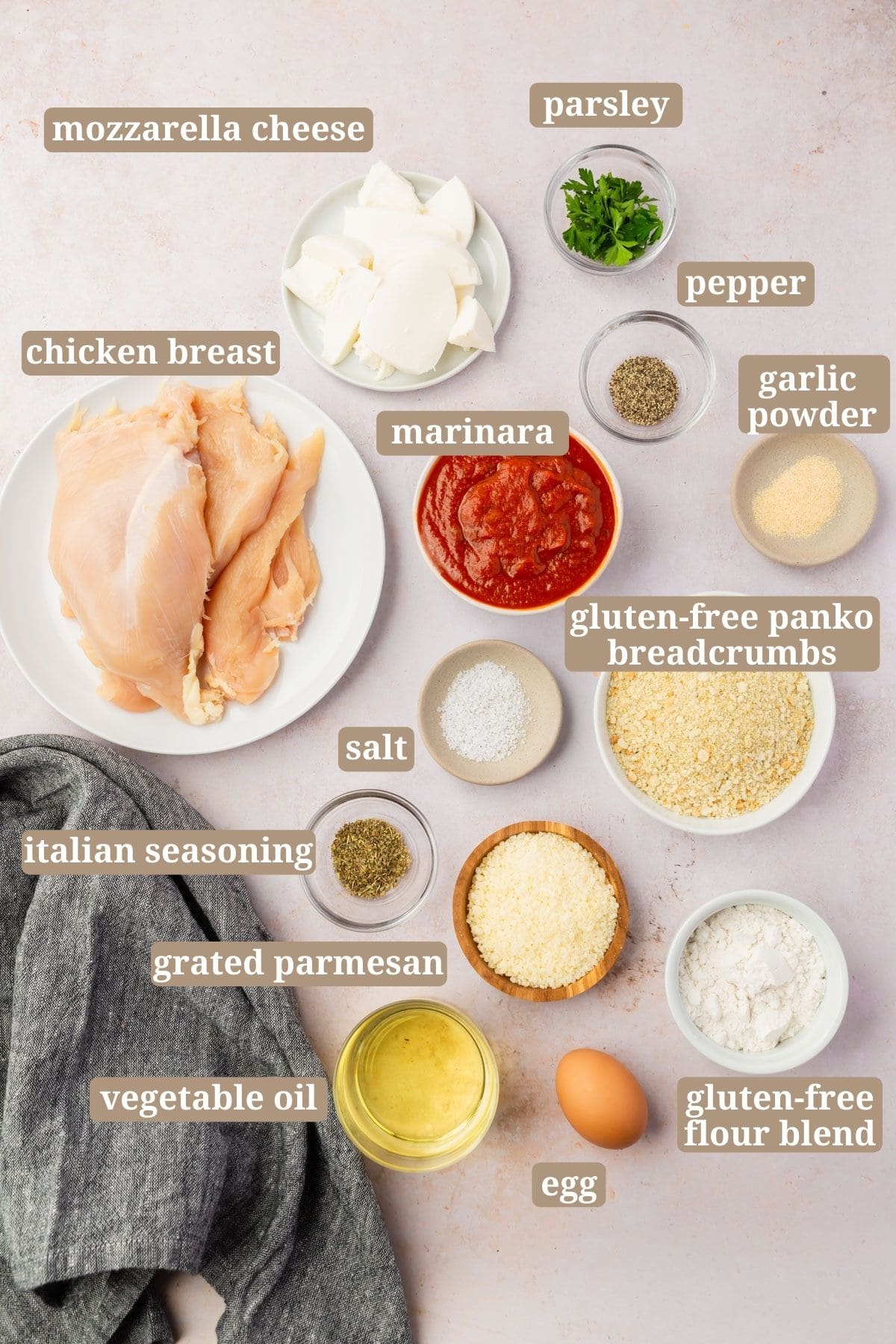 The ingredients for making gluten-free chicken parmesan.