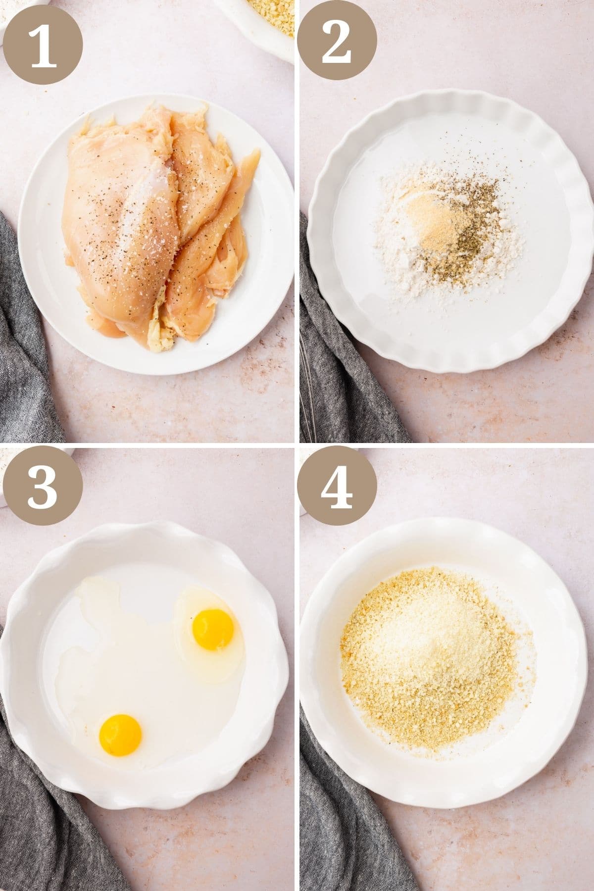 Steps 1-4 for making gluten-free chicken parmesan.