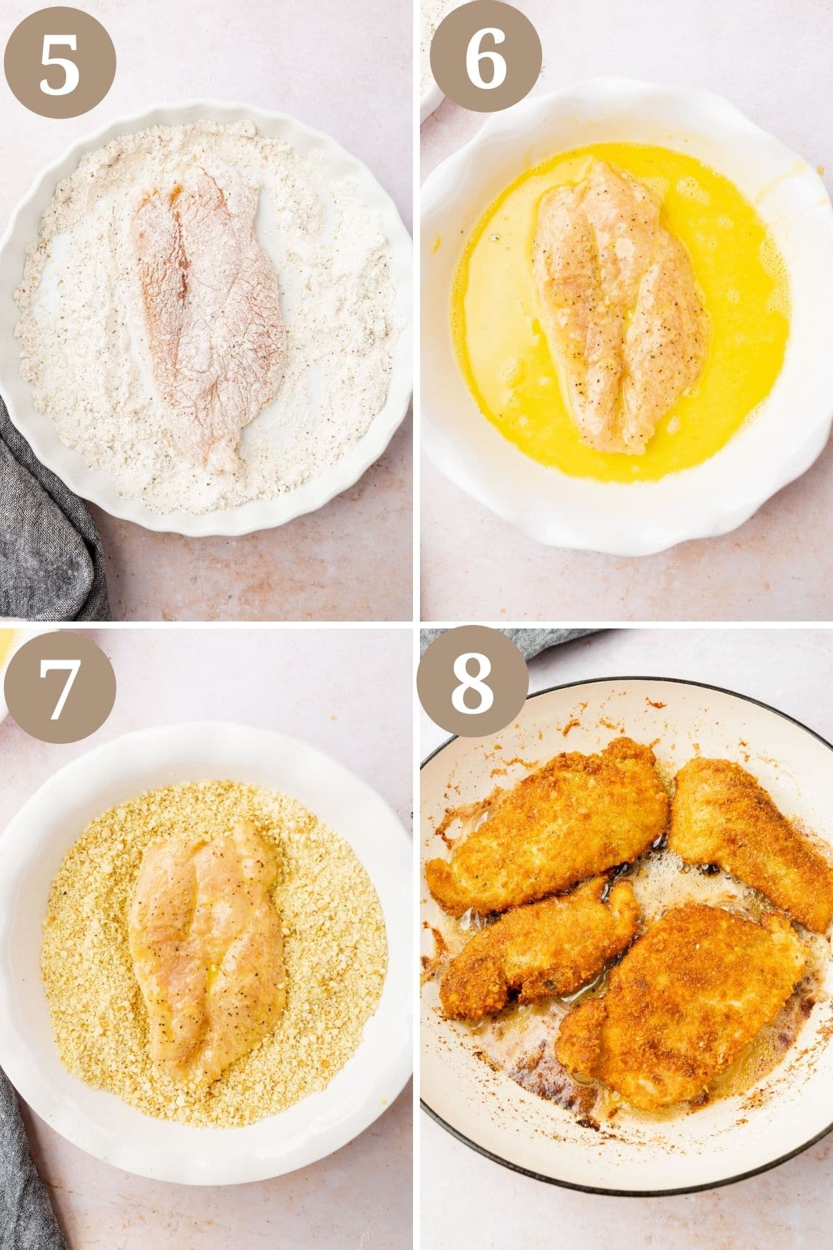 Steps 5-8 for making gluten-free chicken parmesan.