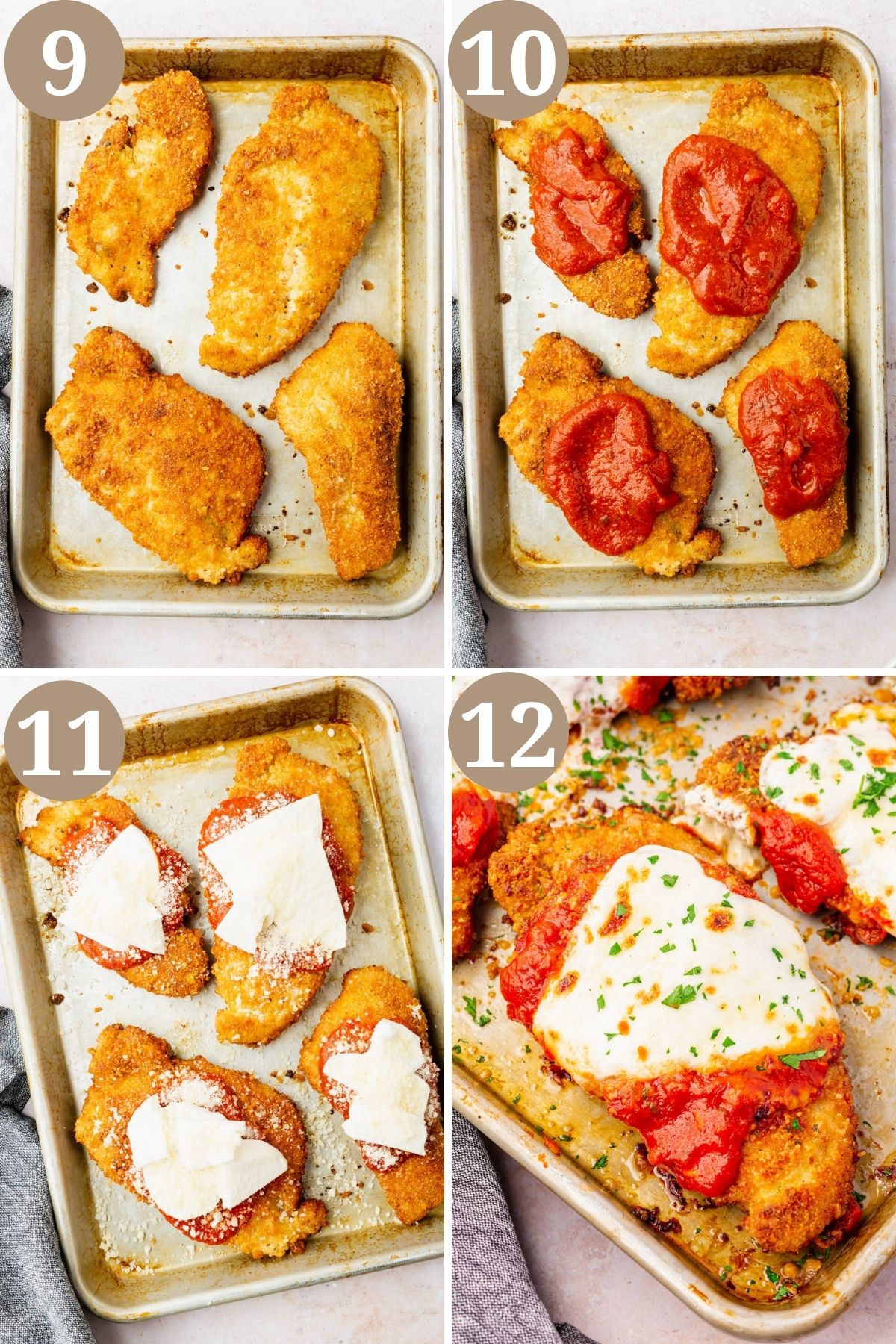 Steps 9-12 for making gluten-free chicken parmesan.