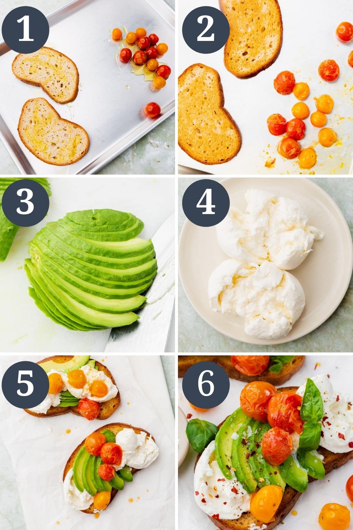 A collage showing the steps for making burrata avocado toast, from roasting the tomatoes and bread, slicing avocado and burrata, and topping the bread with the toppings.