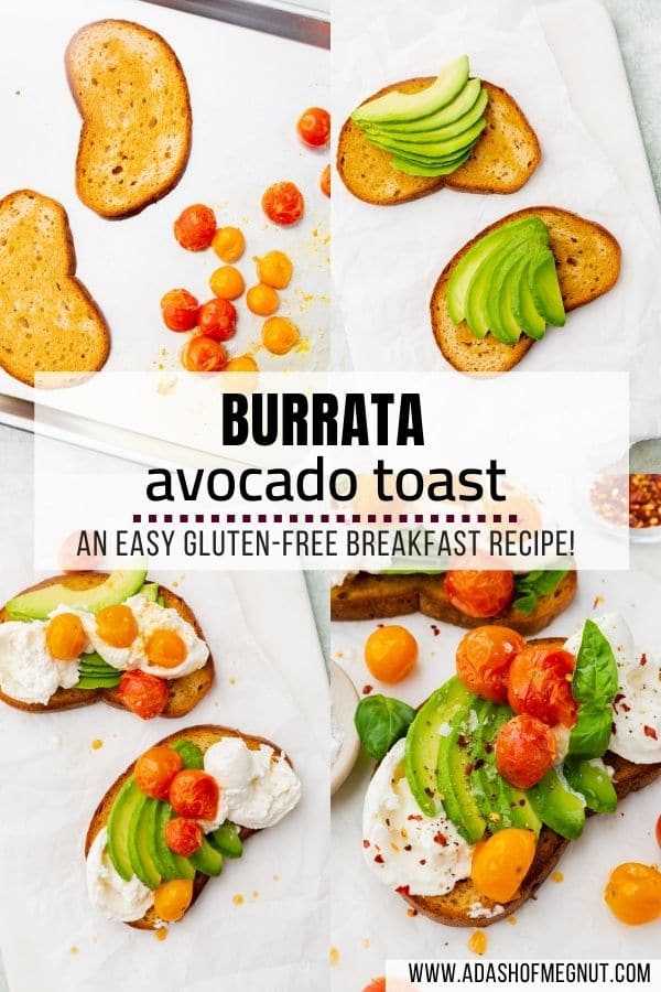 A 4-photo collage of how to make gluten-free avocado burrata toast.