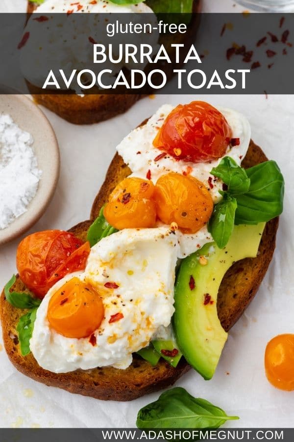 An overhead shot of a piece of gluten-free avocado toast with burrata and roasted tomatoes on top.