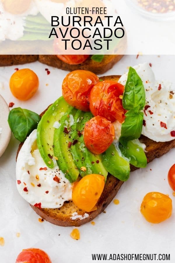 A slice of avocado burrata toast with roasted tomatoes and red pepper flakes.