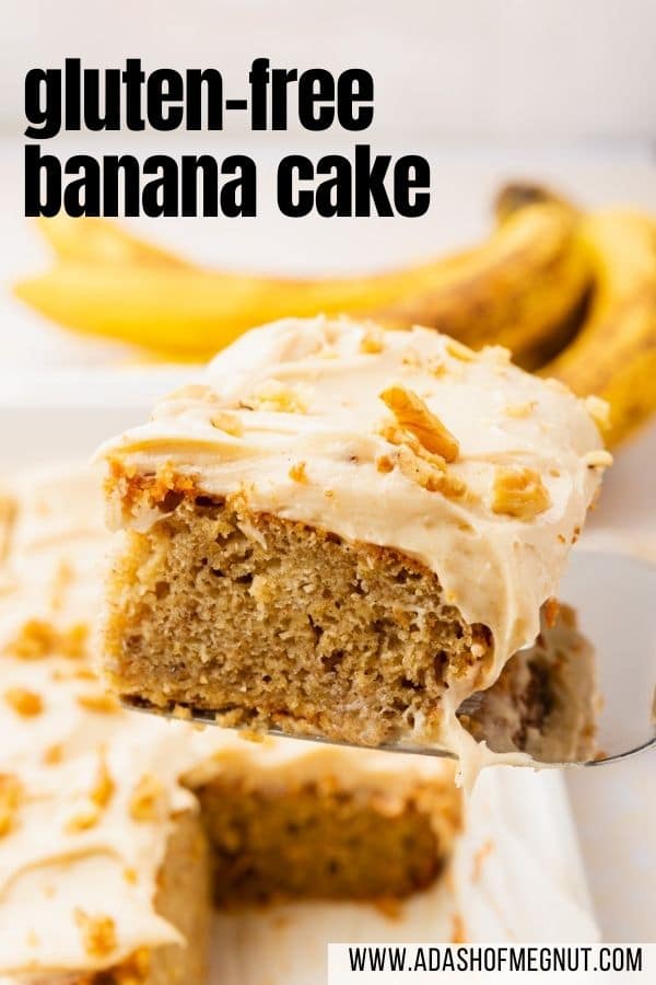 A slice of banana cake on a serving spatula with a text overlay.