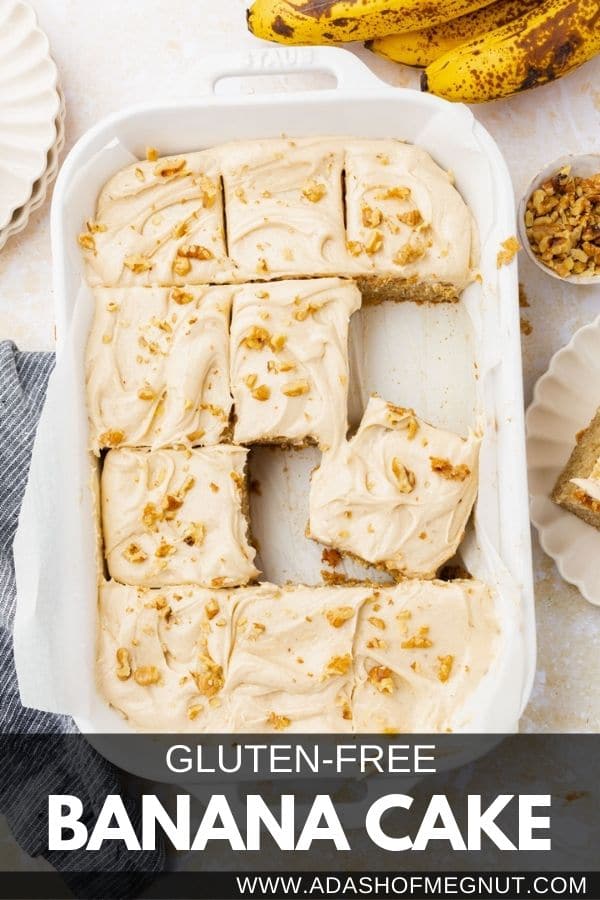 Slices of banana cake in a baking dish with text overlay.