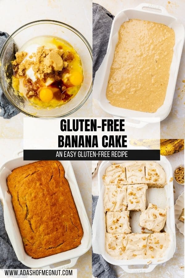 Collage showing how to bake a banana cake and frost it with text overlay.