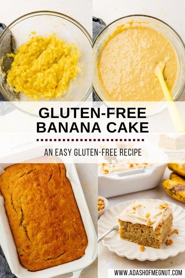 Collage showing how to bake banana cake with text overlay.