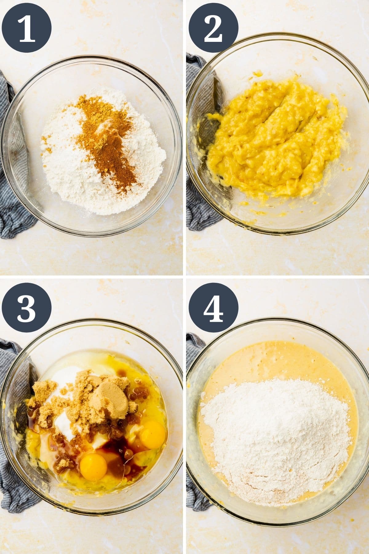 Collage showing how to mix together banana cake batter in 4 steps.