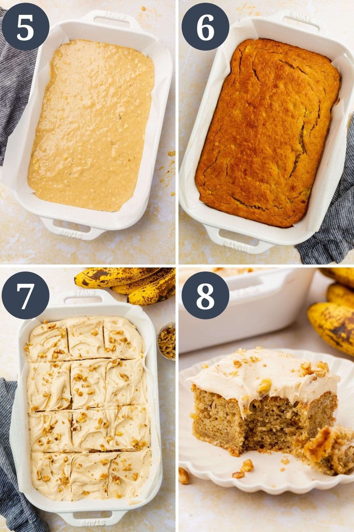 Collage showing steps for baking a banana cake and frosting with cream cheese frosting.