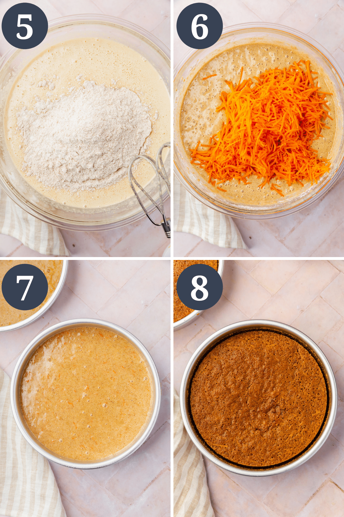 A collage showing steps to make carrot cake, including add dry ingredients to wet ingredients, add shredded carrots to batter, pour batter into cake pans, bake the cake. 