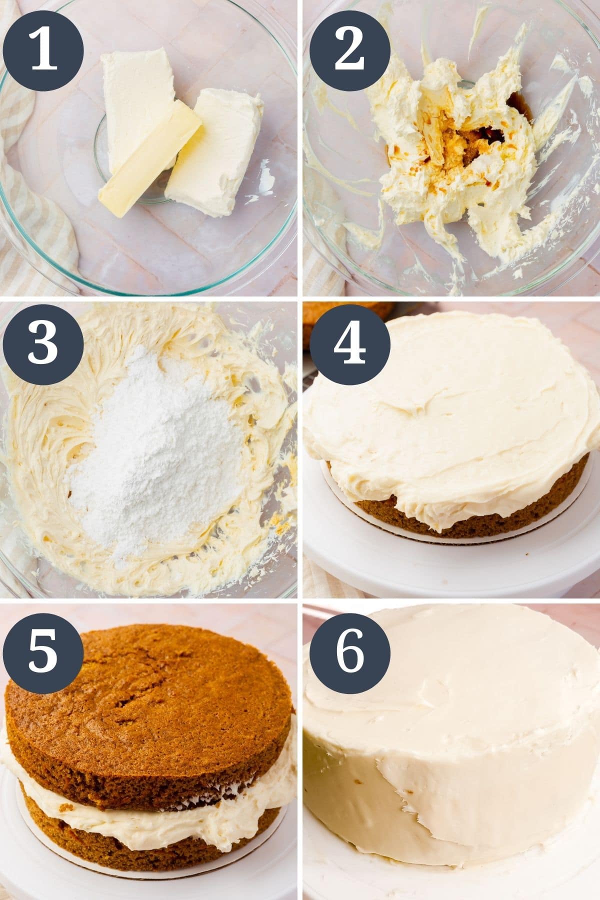 A collage showing the process to make cream cheese frosting, from adding butter and cream cheese to a mixing bowl, adding the vanilla and salt, mixing in powdered sugar, frosting one layer of the cake, topping with the second layer of cake, and frosting the cake.