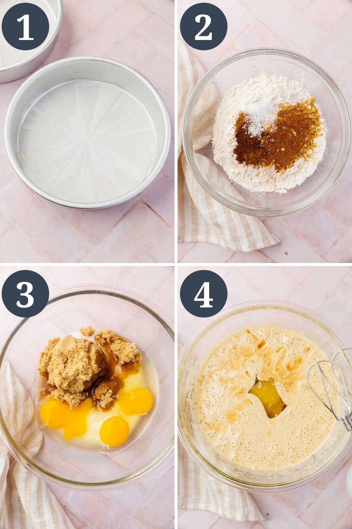 A collage showing the first steps to make carrot cake: line a round baking pan, add dry ingredients to a mixing bowl, add wet ingredients to a mixing bowl, blend wet ingredients with applesauce and oil. 