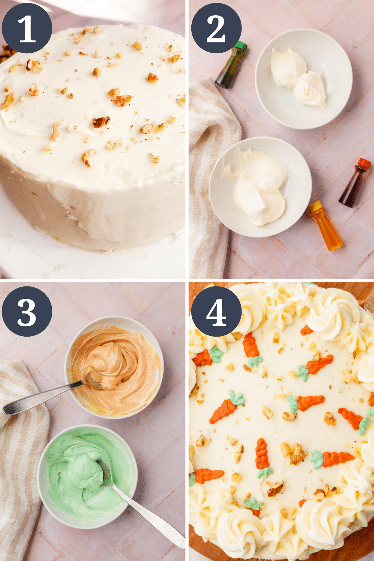 A collage showing the process of decorating carrot cake, from topping with chopped walnuts, dying the frosting orange and green, to piping mini carrots all over the cake. 