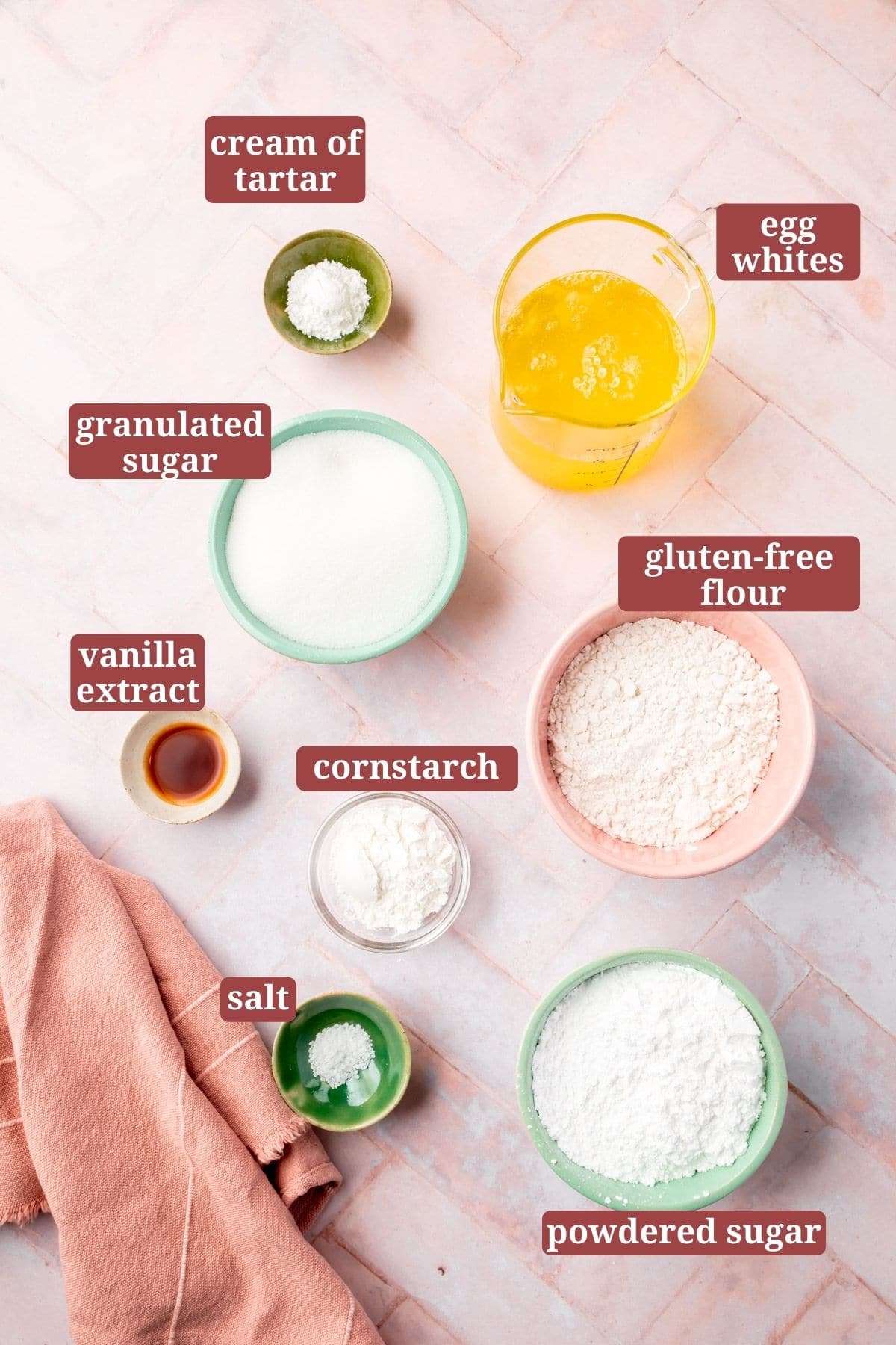 Infographic on ingredients in prep bowls for a gluten-free angel food cake.
