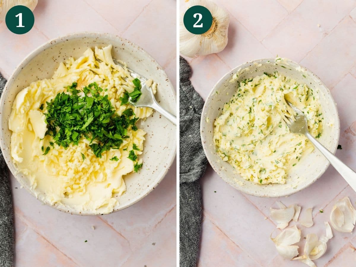 A collage showing how to make garlic butter. Photo 1: Softened butter with garlic and fresh parsley in a bowl. Shot 2: Compound butter mixed in a bowl with a fork.